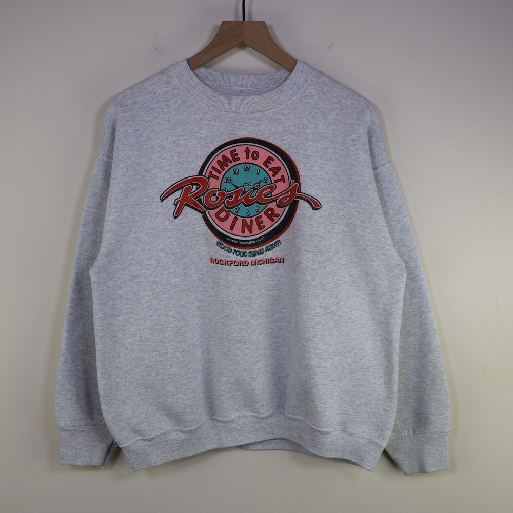 Vintage 90s Rosies Diner Rockford Michigan Sweatshirt Large Grey Graphic Retro